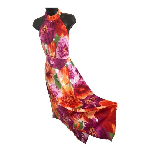 Maggy London pink tropical floral print asymmetrical flowy halter dress size 6 - Picture 9 of 16